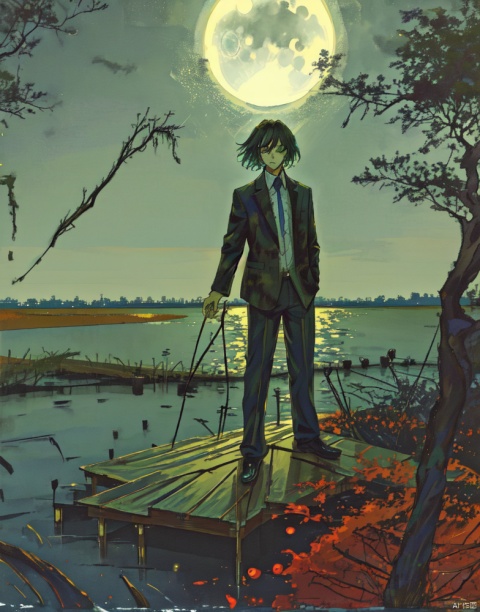  ink splashes, drips, surreal, a man standing on a dock in swampy wetlands, at a distance, moonlit, lonely,
, mLD, green eyes