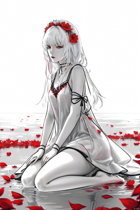  (masterpiece),(best quality),illustration,ultra detailed,hdr,Depth of field,(colorful),1girl,red eyes,white long translucent night gown,expressionless,(white hair),hair cover one eye,long hair,red hair flower,kneeling on lake,blood,(plenty of red petals:1.35),(white background:1.5),(English text),greyscale,monochrome,greyscale,monochrome,sketch, Kal'tsit, white hell, Migunov, gummy_(arknights),monoclor,lineart, qzhsws, texas_the_omertosa_(arknights), yyy, texas \(arknights\), soles