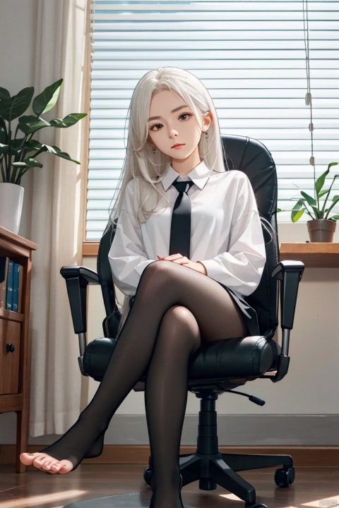  1 girl, {feet on the table}, white hair, red eyes, white shirt, black tie, sitting, whole body, feet, toes, legs, crossed legs, crossed arms, office, black pantyhose, sole, foot focus, no shoes, Dutch corner, looking at the audience, office chair, sharp eyes, long hair, medium chest, glossy skin, solo, windows, blinds, curtains, dusk, scenery, dirty'feet, smelly feet, durin (arknights)