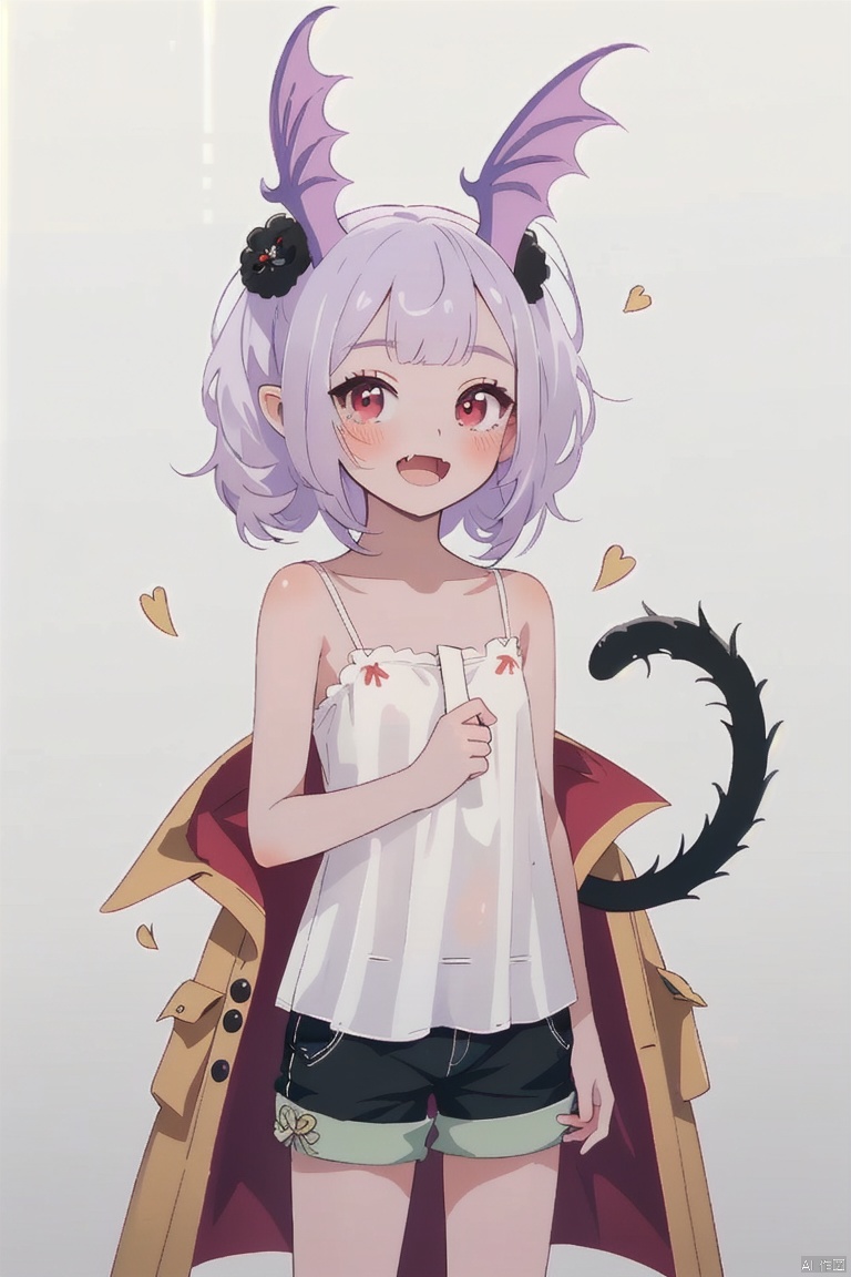  ultra-detailed,(best quality),((masterpiece)),(highres),original,extremely detailed 8K wallpaper,(an extremely delicate and beautiful), anime, \\, BREAK 1girl, long hair, white hair, virtual youtuber, open mouth, cat ears, fang, smile, blush, camisole, shorts, solo, bangs, very long hair, shirt, looking at viewer, :d, skin fang, ribbon, red eyes, simple background, ((young teenage girl)), ((petite)), dino, ears down, ((poakl)), Detail, shuixia, origen, shead, qzfuling, nayutaren, fl, ph_katou