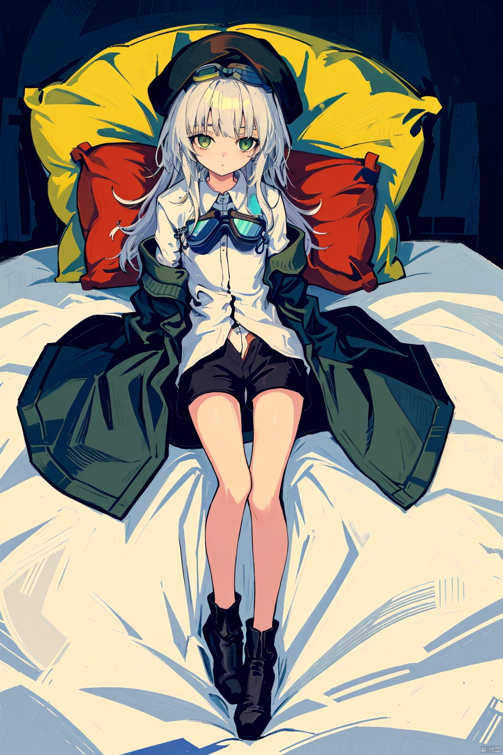  1girl,white hair,long hair,red eyes,(straight bang),(black beret,goggles),white shirt,(lying on bed,under a quilt,pillow),(full body,from above), yingjacket and yingshorts, backlight, green eyes