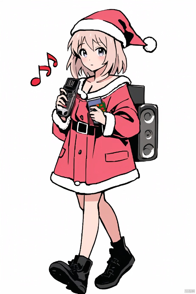  ((anime)), Santa Claus wearing hip hop outfit walking on the street, a boom box on the shoulder, musical notes floating in the air, more detail XL, SFW, solo, medium shot