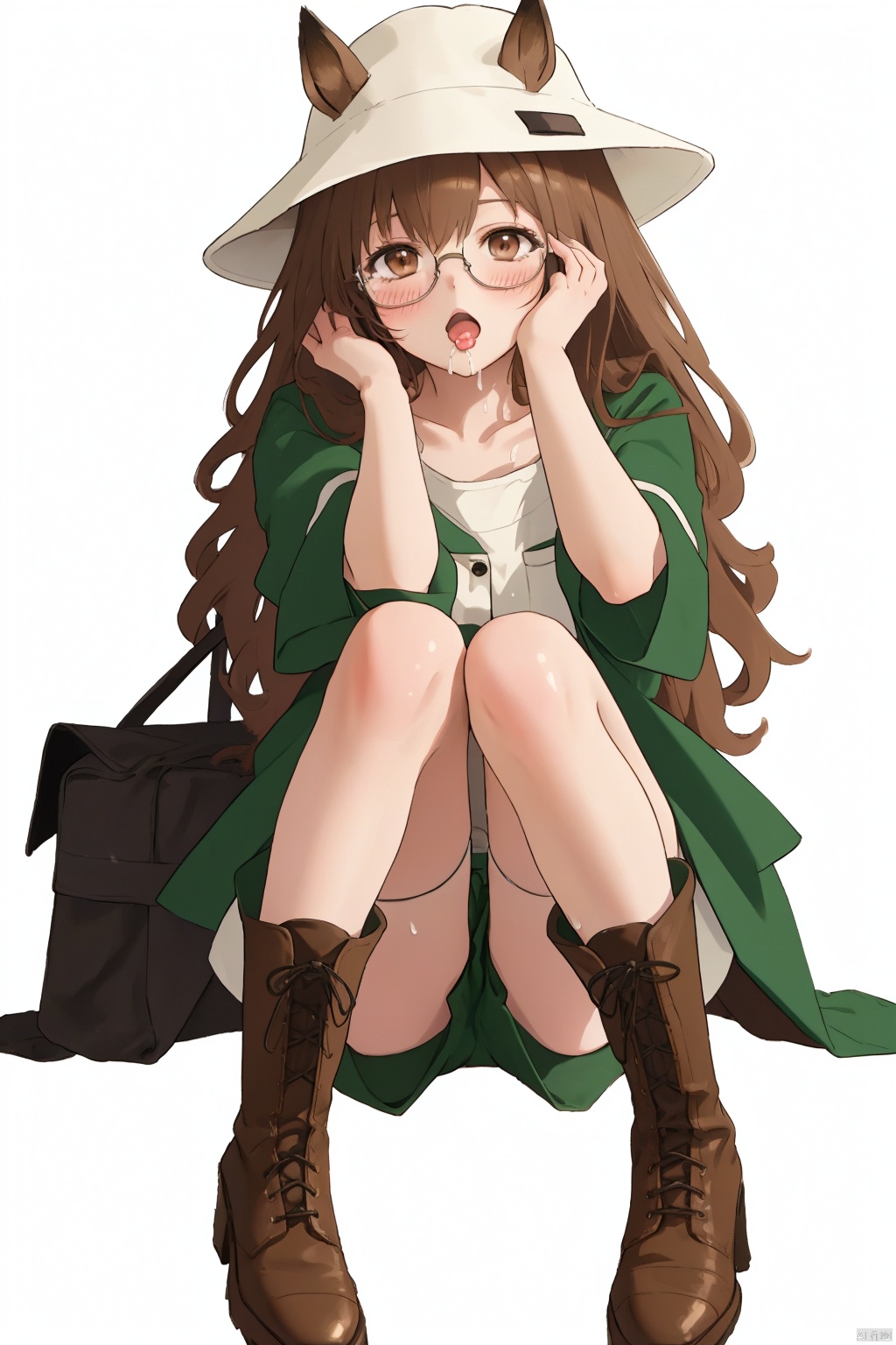  (masterpiece), (best quality), illustration, ultra detailed, hdr, Depth of field, (colorful), loli, 1girl, solo, boots, shorts, glasses, hat, thighhighs, brown footwear, long hair, gloves, cross-laced footwear, short sleeves, open mouth, shiny, brown hair, looking at viewer, shiny hair, blush, bangs, collarbone, single thighhigh, semi-rimless eyewear, thigh strap, knee boots, lace-up boots, hands on headwear, under-rim eyewear, hands up, shiny skin, brown eyes, green shorts, knees up, black thighhighs, full body, pocket, thighs, jacket, black-framed eyewear, green jacket, short shorts, simple background, green headwear, sitting, artist name, :o, bag, adjusting headwear, convenient leg, buttons, w_(arknights), Cum in mouth, boyfriend, ceobe_(arknights)
