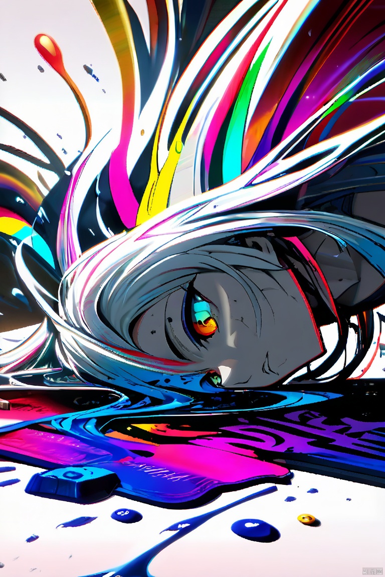  (dramatic, gritty, intense:1.4),masterpiece, best quality,8k, insane details,hyper quality,ultra detailed, Masterpiece,(calligraphy:1.4),(ether colorful ink flowing:1.3),1girl,A shot with tension,white hair,exposed collarbone,sideways,Simple background, W