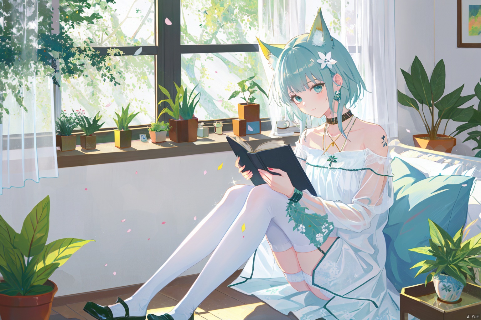  1girl, solo, thighhighs, book, blue hair, blue eyes, long hair, cup, looking at viewer, holding, curtains, window, hair ornament, white thighhighs, sitting, indoors, bangs, tree, white dress, book stack, petals, knees up, pillow, dress, plant, earphones, potted plant, green eyes
