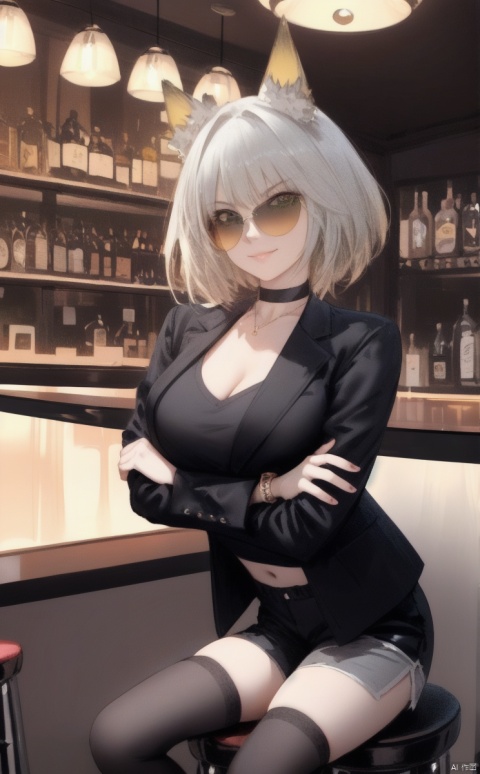  (female): solo, (perfect face), (detailed outfit), (20 years old), cool female, (wolf ears), confident, (smirking), (crossed arms, hand in own hair), black hair, short hair, curly hair, grey eyes, pale skin, large chest_circumference, (black jacket, grey shirt), (black shorts, black thighhighs), (sunglasses), (bracelet), (choker) (background): from front, indoor, (bar), (counter), (stools), (bottles), (lights), evening, (clear) (effects): (masterpiece), (best quality), (sharp focus), (depth of field), (high res), loli, green eyes