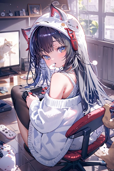  (best quality),(masterpiece),1girl, controller, game controller, solo, black hair, blue eyes, long hair, sitting, shirt, white shirt, looking at viewer, food in mouth, off shoulder, food, indoors, hood, holding controller, mouth hold, holding, animal hood, looking back, animal ears, holding game controller, hood up, blush, blurry, bare shoulders, from behind, playstation controller, game console, long sleeves, fake animal ears, cat hood, television, chair, blurry background, wooden floor, gamepad, depth of field, swivel chair, w_(arknights)