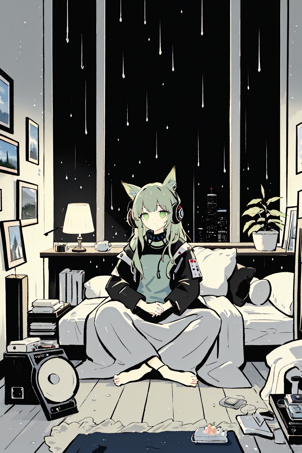  fine art, oil painting, amazing sky, . European Hippie Girl meditating in her room, dreaming, Wear headphones, night lights, Neon landscape on a rainy day, Analog Color Theme, Lo-Fi Hip Hop , retrospective, flat, 2.5D, 1 girl, w_(arknights), ((poakl)), green eyes