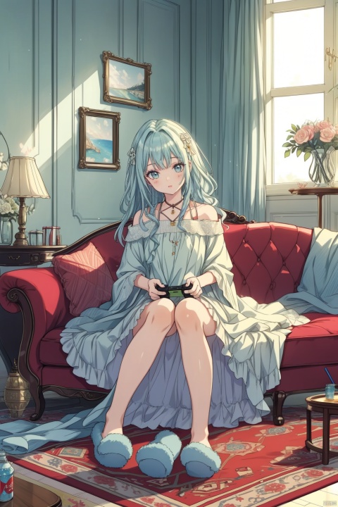  masterpiece, panorama,1 girl, cute, solo focus, long curly hair, light blue hair, happy face, delicate dress, hair spin, ((sitting on sofa)), slippers, a delicate sitting room, deep of field, a photo frame on the wall, velvet curtains, sofa in modern minimalist style, Stuffed toys on the floor,drinking soft drink,((carpet)) on the floor, game consoles scattered on the floor, summer holiday, drinking soft drinks, beautiful flowers around her, backlight, mLD, cozy anime, (\ji jian\), akebi komichi, green eyes