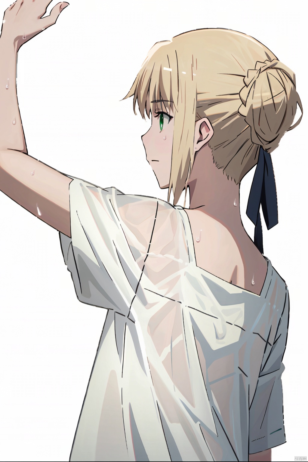  1 girl, focused, solo, looking back, looking from behind, half fallen clothes, shirt, white background, white shirt, looking at the audience, green eyes, boyfriend, comfortable anime, perspective wet T-shirt, soft, hair tied, hair tied, perfect fingers, ((poakl)), phSaber