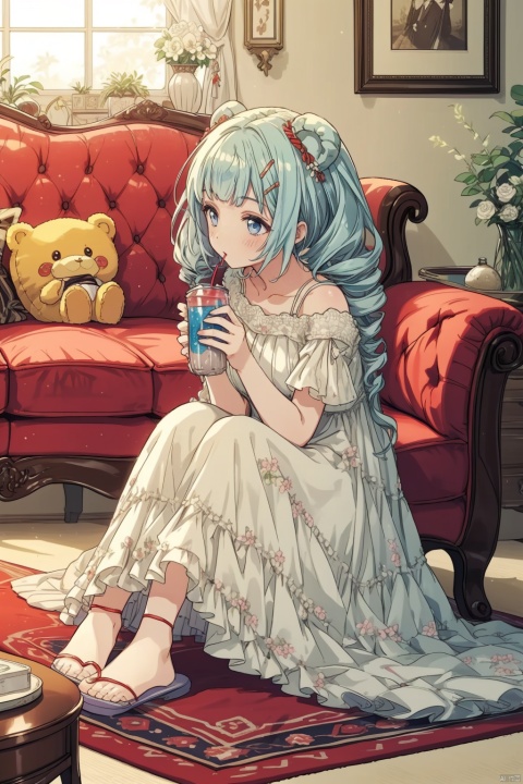  masterpiece, panorama,1 girl, cute, solo focus, long curly hair, light blue hair, happy face, delicate dress, hair spin, ((sitting on sofa)), slippers, a delicate sitting room, deep of field, a photo frame on the wall, velvet curtains, sofa in modern minimalist style, Stuffed toys on the floor,drinking soft drink,((carpet)) on the floor, game consoles scattered on the floor, summer holiday, drinking soft drinks, beautiful flowers around her, backlight, mLD, cozy anime, (\ji jian\), akebi komichi, green eyes, ceobe_(arknights), gummy_(arknights)