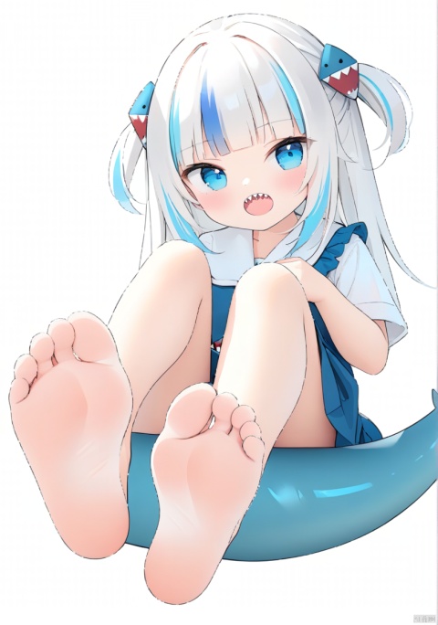 masterpiece,best quality,illustration,ultra detailed,hdr,Depth of field,(colorful),[Artist chen bin],1girl, soles, toes, gawr gura, virtual youtuber, fish tail, shark tail, feet, shark girl, barefoot, fins, tail, blue eyes, solo, foot focus, teeth, multicolored hair, blue hair, hair ornament, foreshortening, streaked hair, sharp teeth, skirt, white background, open mouth, yellow vest, sitting, simple background, blush, sweater vest, full body, blue skirt, grey hair, short sleeves, shirt, spread toes, official alternate costume, one side up, looking at viewer, legs, blunt bangs, school uniform, white shirt, scrunchie, toenails, white hair, pleated skirt, long hair, medium hair, yellow sweater vest, Kal'tsit
