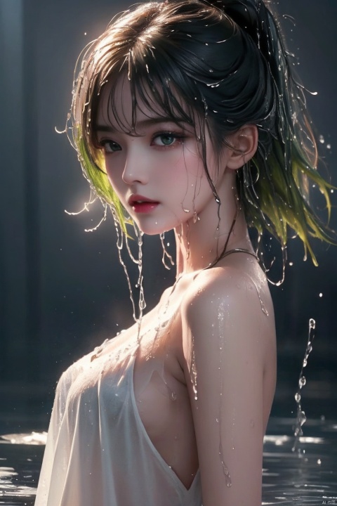  Epic CG masterpiece,stunningly beautiful,graphic tension,dynamic poses,stunning colors,3D rendering,surrealism,cinematic lighting effects,realism,00 renderer,super realistic,masterpiece,best quality,32k uhd,insane details,intricate details,hyperdetailed,hyper quality,high detail,ultra detailed,Masterpiece,
1girl,solo,glowing,Red shirt,simple background,,rain,it's soaking wet,(splash of water:1.4),wet_hair,(naked),1 girl, green eyes