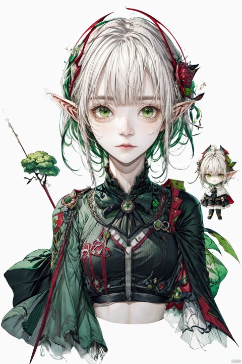  [(white background:1.4)::4], solo, traditional media, sketch, (wooden border:1.32),
solo, 1girl, elf, (chibi:1.3),
green eyes, (white hair), (long hair), (blunt bangs), floating hair, green gradient hair,
frilled shirt, black bowtie, long sleeves, white capelet,
upper body, (cropped torso),
looking at viewer, expressionless,
white background, fantasy, aster, garden, green leaves, fflogo, w_(arknights)