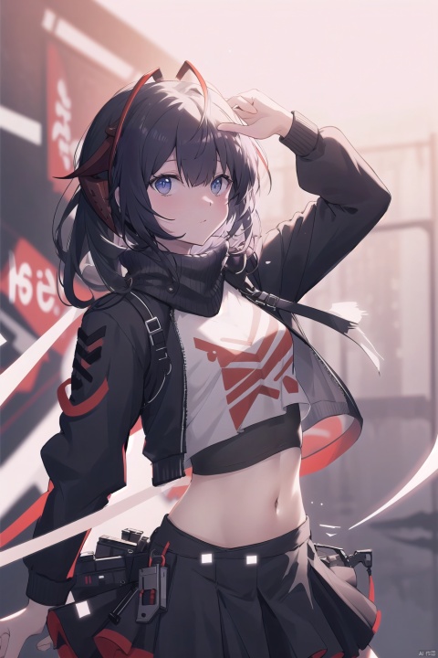  1girl, solo, long hair, looking at viewer, smile, skirt, shirt, black hair, midriff, blurry, black eyes, arm up, crop top, v, blurry background, w_(arknights)