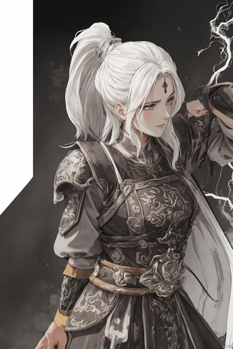  solo,highly detailed,(best quality),((masterpiece)),1girl,white hair,simple_background,long hair,(big_breasts),peiyuhan,(evil smile),upper_body,taunting,(evil),(arms behind back),evil laugh,nsfw, miaoying,ponytail,,((white eyes)),lightning background,from below, chinese armor