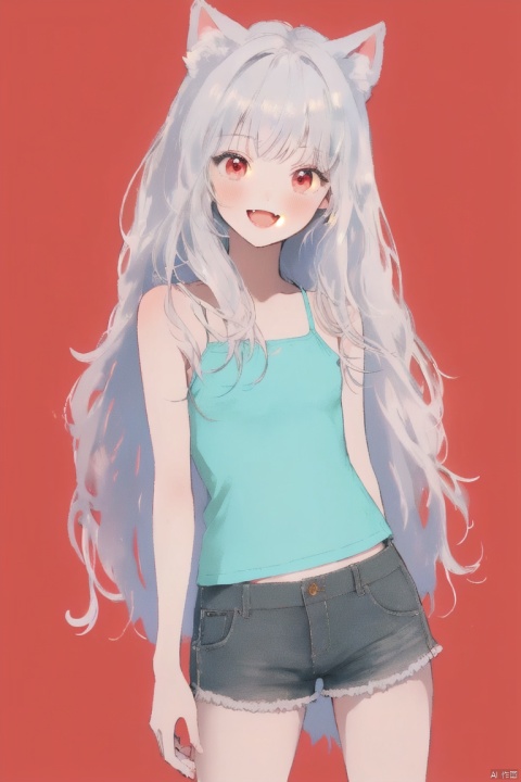  ultra-detailed,(best quality),((masterpiece)),(highres),original,extremely detailed 8K wallpaper,(an extremely delicate and beautiful), anime, \\, BREAK 1girl, long hair, white hair, virtual youtuber, open mouth, cat ears, fang, smile, blush, camisole, shorts, solo, bangs, very long hair, shirt, looking at viewer, :d, skin fang, ribbon, red eyes, simple background, ((young teenage girl)), ((petite)), dino, ears down, ((poakl)), Detail, shuixia, origen, shead