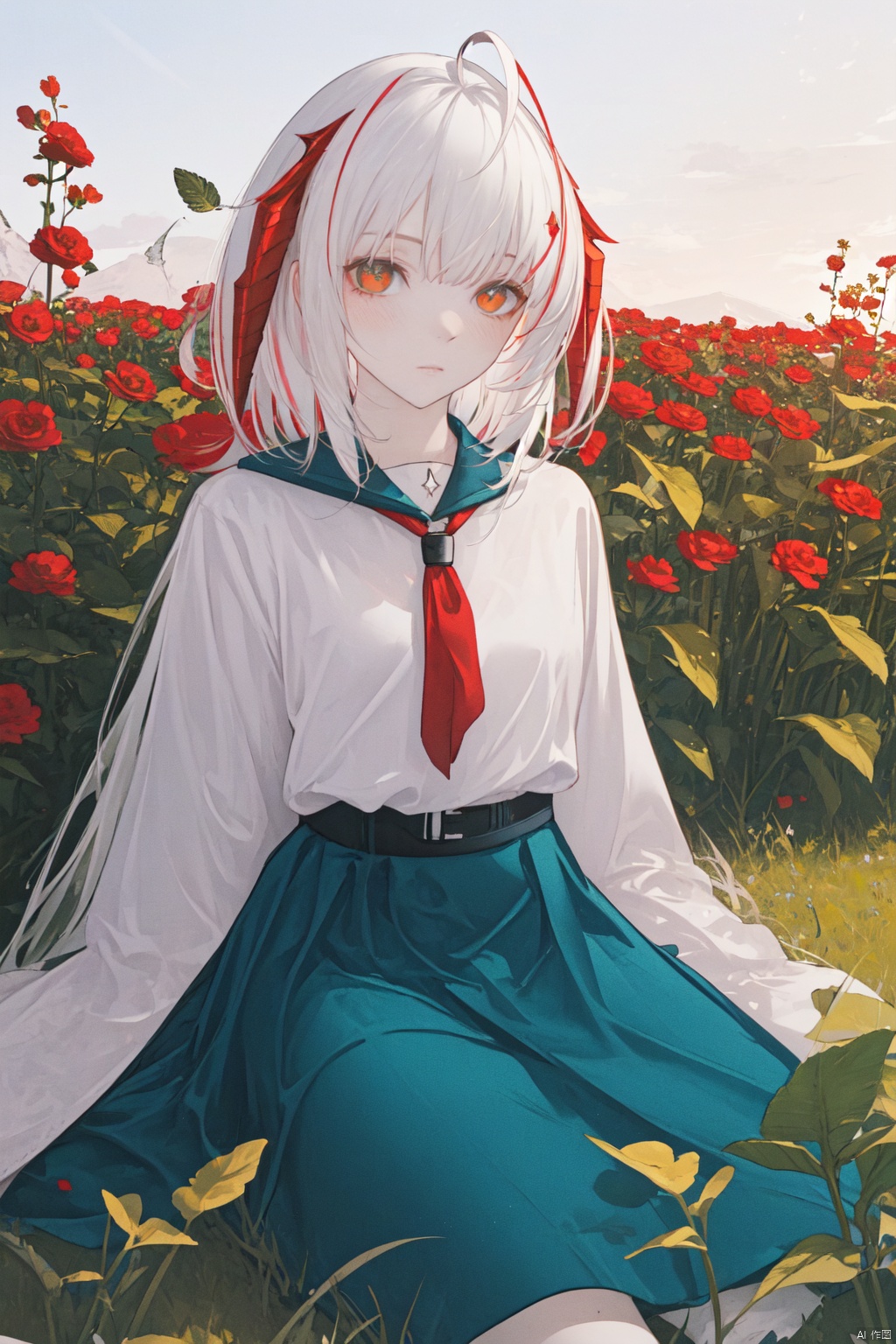  (masterpiece, best quality),1 girl with long white hair sitting in a field of green plants and red flowers,skinny, ahoge,medium hair, w_(arknights)