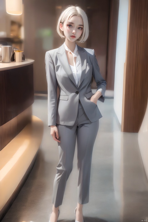  A girl, in a suit, short white hair, HD photography, HD 16K, ((poakl))