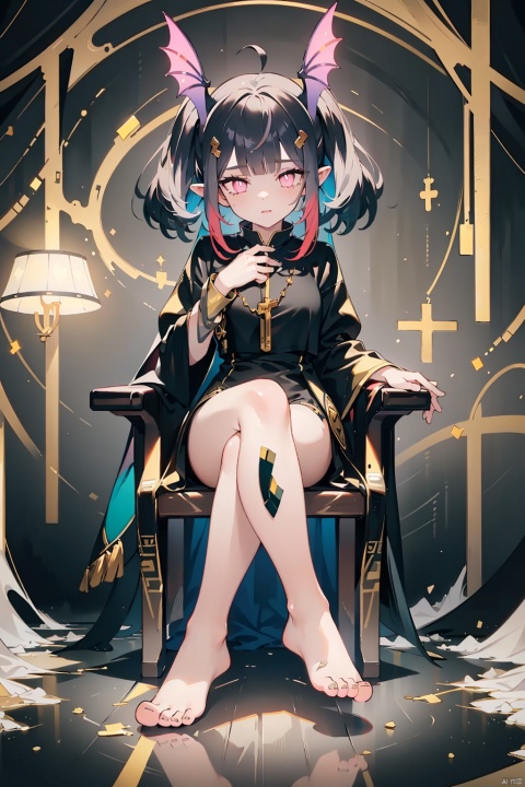 1girl, masterpiece, best quality, ((masterpiece)), (((best quality))), ((ultra-detailed)), ((best illustration)), (best shadow), (extremely detail), (imid shot:0.95), Dynamic angle, (falt color:1.3), colorful, multicolored hair, messy hair, bangs, ahoge, (slit pupils, glowing eyes),

Female Emperor, black hair, dark green hair ends, long hair, black green costume, female costume, luxurious decoration, female emperor, golden decoration, luxury, palace, hand on the chair, Sit, dragon chair, (cross legs, bare feet, soles), (Giant breasts,cleavage:0.65),