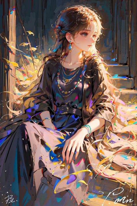  1girl, solo, long hair, brown hair, black hair, long sleeves, dress, jewelry, sitting, closed mouth, earrings, hand up, signature, necklace, black dress, bracelet, profile, ring, stairs, multiple rings,meiren, ((poakl)), (\ji jian\), gotou hitori