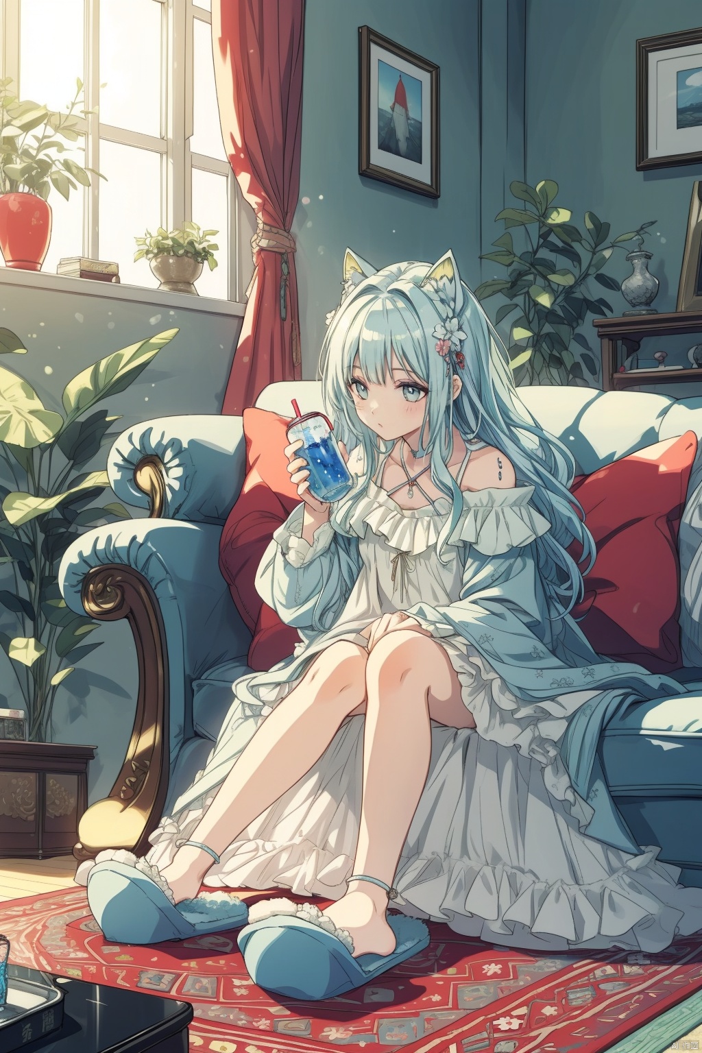  masterpiece, panorama,1 girl, cute, solo focus, long curly hair, light blue hair, happy face, delicate dress, hair spin, ((sitting on sofa)), slippers, a delicate sitting room, deep of field, a photo frame on the wall, velvet curtains, sofa in modern minimalist style, Stuffed toys on the floor,drinking soft drink,((carpet)) on the floor, game consoles scattered on the floor, summer holiday, drinking soft drinks, beautiful flowers around her, backlight, mLD, cozy anime, (\ji jian\), akebi komichi, green eyes
