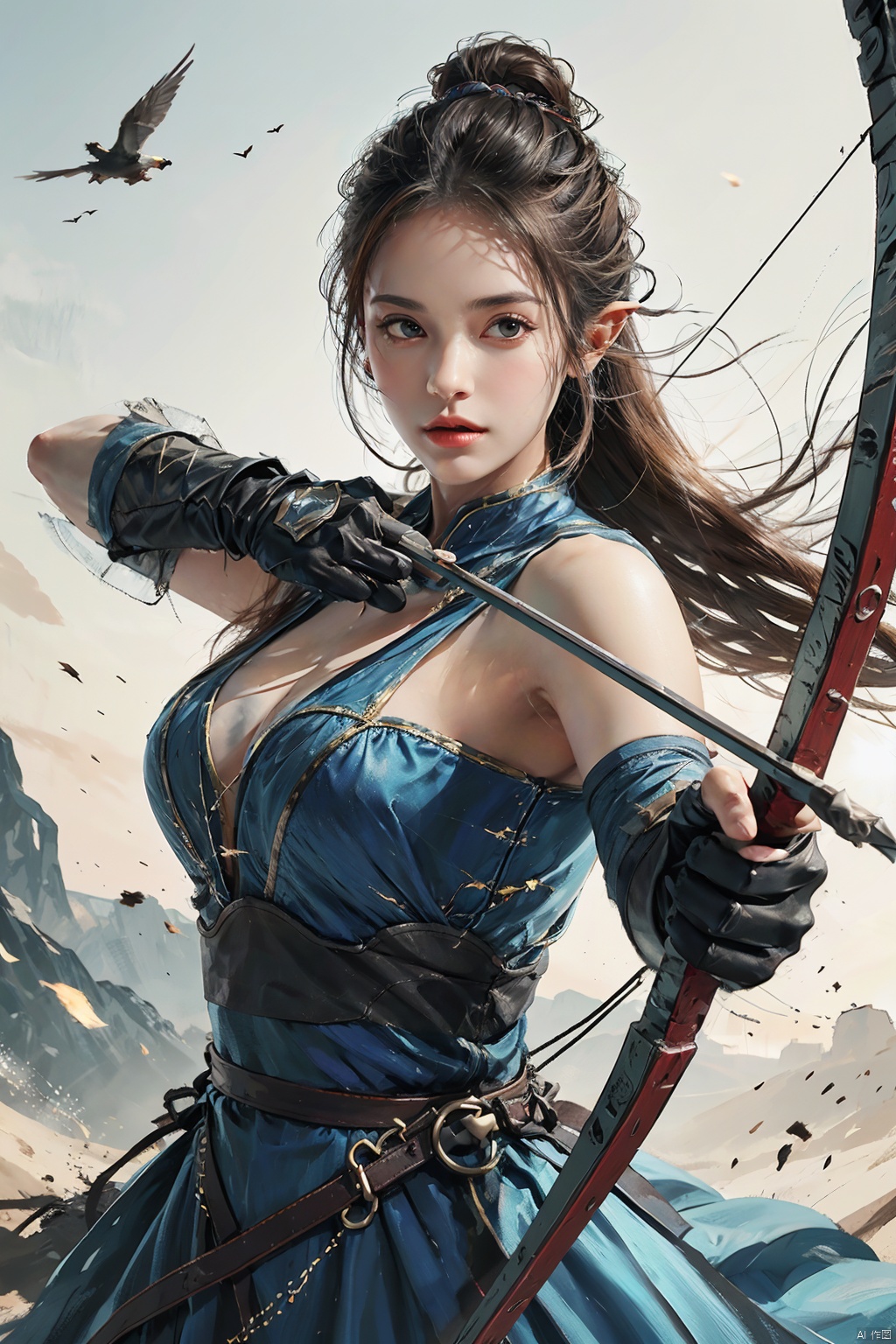  1girl,big breasts,1girl, solo, gloves, dress, long hair, elbow gloves, blue dress, looking at viewer, on the shoulder of the elven huntress is a magnificent falcon, she wields a finely crafted longbow, its string taut with a creak, arrows poised silently within the quiver, awaiting release, rich colors,Gothic style,movie lighting,God Ray,best quality,Ultra HD,depth of field,bigscenes,