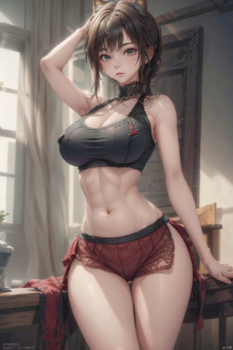  1 girl, solo, long hair, chest, powder blusher, bangs, shirt, navel, bare shoulder, double tail, medium chest, standing, thigh, cowboy lens, sleeveless, abdomen, indoor, underarm, abdomen, arm up, navel revealing shirt, bare arms, windows, sleeveless shirt, mouth support, arms behind the head, gown, hair binding, locker, hair tied in the mouth, sports bikini (poakl), swimsuit, green eyes, w_(arknights), ahegao, yinwen,no humans,1girl, ((poakl)),kaldef