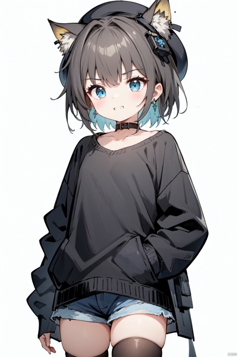  1girl, solo, thighhighs, hat, black thighhighs, shorts, brown hair, blue eyes, simple background, black headwear, white background, long sleeves, looking at viewer, hand in pocket, short hair, closed mouth, collarbone, bangs, cowboy shot, black shirt, short shorts, shirt, black sweater, sweater, beret, earrings, sleeves past wrists, standing, shadow, jewelry
evil grin, gummy_(arknights), green eyes