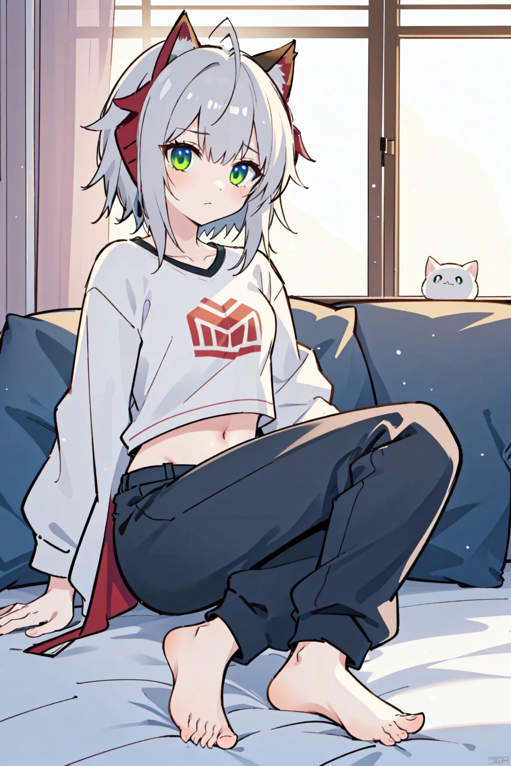  masterpiece, best quality,backlight,Tyndall effect,Crepuscular Rays,1girl,white_hairbangs,long hair,French braid,blue eyes,cold expression,lightseagreen T-shirt,navel,fetal_position ,pumpkin pants
,small_breasts,No shoes on,bedroom,White cloth sofa,White blanket,Dieffenbachia seguine Schott,White curtains,bare feet,bare legs,****,foot focus, w_(arknights), artoria pendragon \(fate\), green eyes, shidudou,solo, miyamizu_mitsuha, white hell, oyama_mahiro, jtc, platinum_(arknights), ceobe_(arknights), gummy_(arknights), yamada ryo, ijichi nijika, tatsumaki, akebi komichi, Furry Girl, fox ear,kaldef, dusk_(arknights), nibutani shinka, takanashi rikka,TUSHANHONGHONG,texas_the_omertosa_(arknights),艾斯德斯, ning, swire_(arknights), 1girl, isshiki_iroha