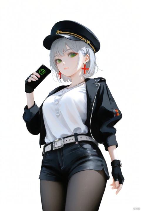  masterpiece,best quality,high quality,(colorful),[Artist miwano rag],[Artist chen bin],[Artist wlop:1],Artist kisaragi yaya, 1girl, solo, green eyes, white background, hat, shorts, earrings, looking at viewer, simple background, jewelry, short hair, holding, black headwear, pantyhose, black shorts, shirt, grey hair, white shirt, closed mouth, long sleeves, jacket, belt, gloves, from below, breasts, black gloves, cross earrings, fingerless gloves, short shorts, black pantyhose, peaked cap, fantasy7033