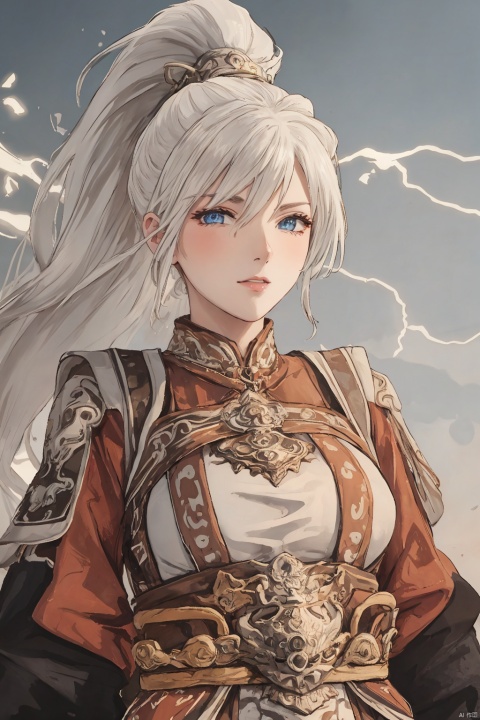  solo,highly detailed,(best quality),((masterpiece)),1girl,white hair,simple_background,long hair,(big_breasts),peiyuhan,(evil smile),upper_body,taunting,(evil),(arms behind back),evil laugh,nsfw, miaoying,ponytail,,((white eyes)),lightning background,from below, chinese armor