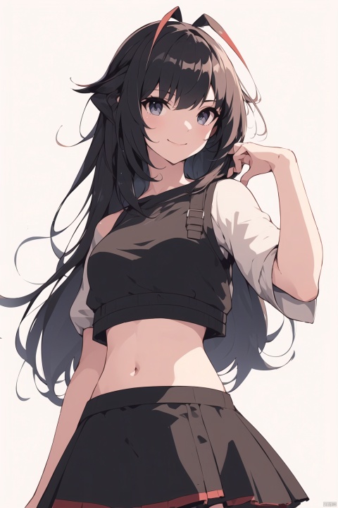  1girl, solo, long hair, looking at viewer, smile, skirt, shirt, black hair, midriff, blurry, black eyes, arm up, crop top, v, blurry background, w_(arknights)