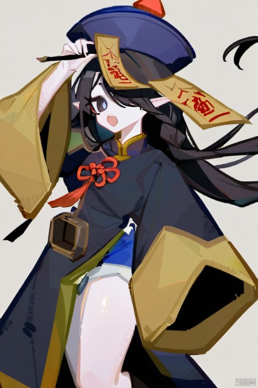  1girl, solo, long hair, looking at viewer, open mouth, simple background, black hair, long sleeves, hat, white background, holding, very long hair, full body, braid, shorts, pointy ears, wide sleeves, hair over one eye, black eyes, pale skin, blue headwear, paintbrush, scroll, jiangshi, calligraphy brush, talisman, holding paintbrush, holding brush, Kal'tsit