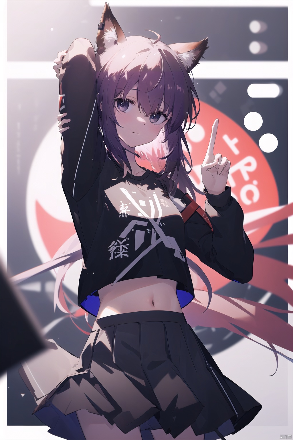  1girl, solo, long hair, looking at viewer, smile, skirt, shirt, black hair, midriff, blurry, black eyes, arm up, crop top, v, blurry background, w_(arknights), gotou hitori