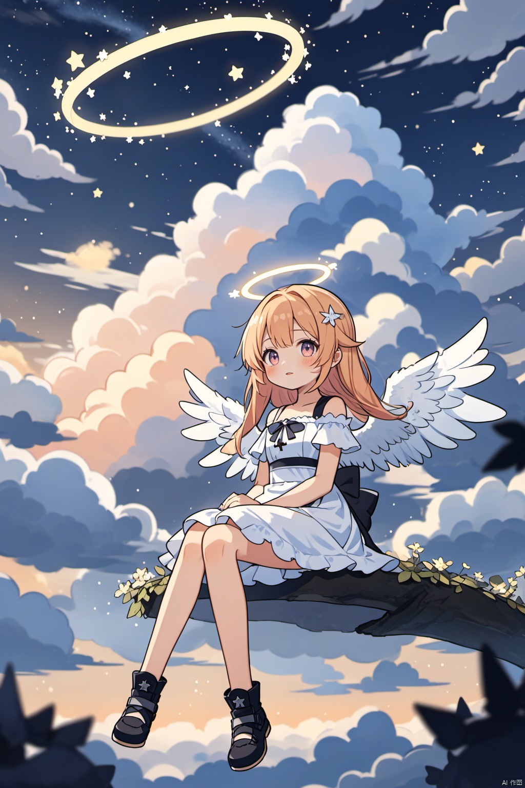  blurry foreground with drifting clouds. in the background, a girl with angel wings and halo, sitting among clouds. her dress is made of clouds and dotted with little stars. The whole atmosphere of the picture is serene and dreamy, evoking a sense of nostalgia and magic. very aesthetic., loli, texas \(arknights\)