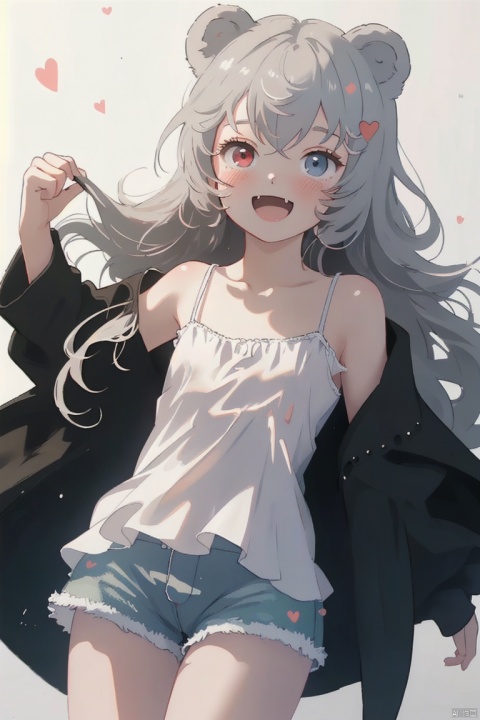  ultra-detailed,(best quality),((masterpiece)),(highres),original,extremely detailed 8K wallpaper,(an extremely delicate and beautiful), anime, \\, BREAK 1girl, long hair, white hair, virtual youtuber, open mouth, cat ears, fang, smile, blush, camisole, shorts, solo, bangs, very long hair, shirt, looking at viewer, :d, skin fang, ribbon, red eyes, simple background, ((young teenage girl)), ((petite)), dino, ears down, ((poakl)), Detail, shuixia