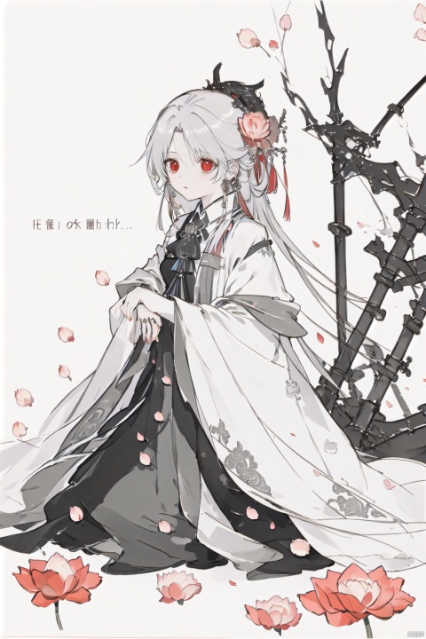  (masterpiece),(best quality),illustration,ultra detailed,hdr,Depth of field,(colorful),1girl,red eyes,white long translucent night gown,expressionless,(white hair),hair cover one eye,long hair,red hair flower,kneeling on lake,blood,(plenty of red petals:1.35),(white background:1.5),(English text),greyscale,monochrome,greyscale,monochrome,sketch, Kal'tsit, white hell, Migunov, gummy_(arknights),monoclor,lineart, phSaber, TUSHAN HONGHONG, guoflinke