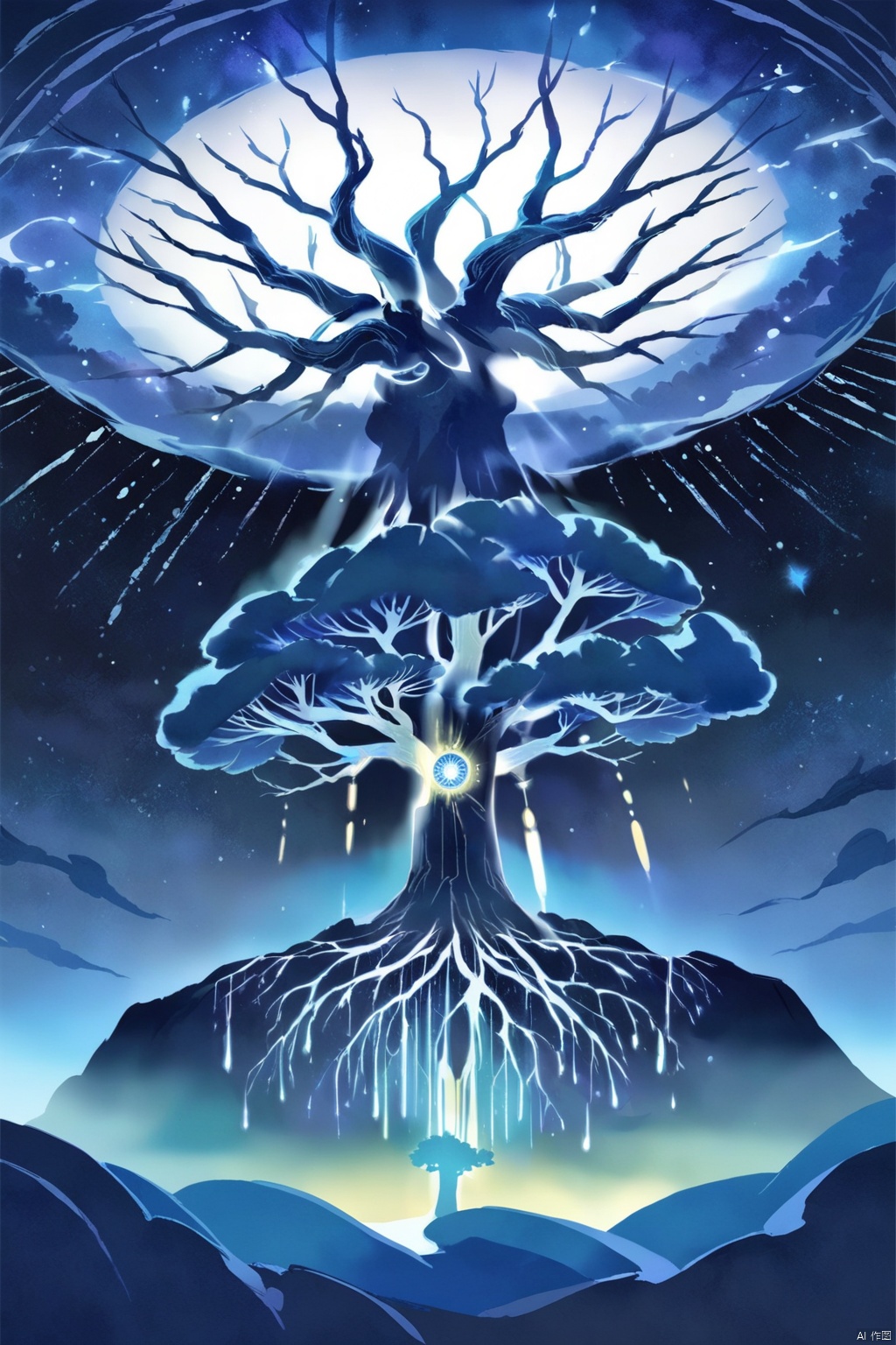 A majestic tree of life with glowing blue roots, branches reaching out to the stars and sky above it, shimmering white leaves. The background is a dark night with faint lights from distant worlds. A magical glow emanates from within the trunk, creating an aura that illuminates its surroundings. In the style of game concept art, with an anime style, vibrant colors, high contrast, sharp details, and detailed textures.