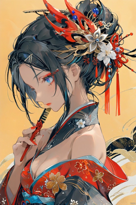  split color hair、Ichiro、 1 girl, solo, blue eyes, black haired, hair ornaments, hugged, cleavage, medium breasts, Floral, generally, kimono, off shoulder, nail polish, compensate, lipstick, yellow background, red claw, eye shadow, Floral, Hairpin, Hairpin, comb, qingsha