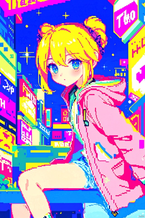  Ultra-high resolution, cinematic lighting,Woman wearing pink raincoat in Times Square,xxmix_girl,more detail XL, blue medium hair, artoria pendragon \(fate\), yinyou,yinyou color, ((pixelart))