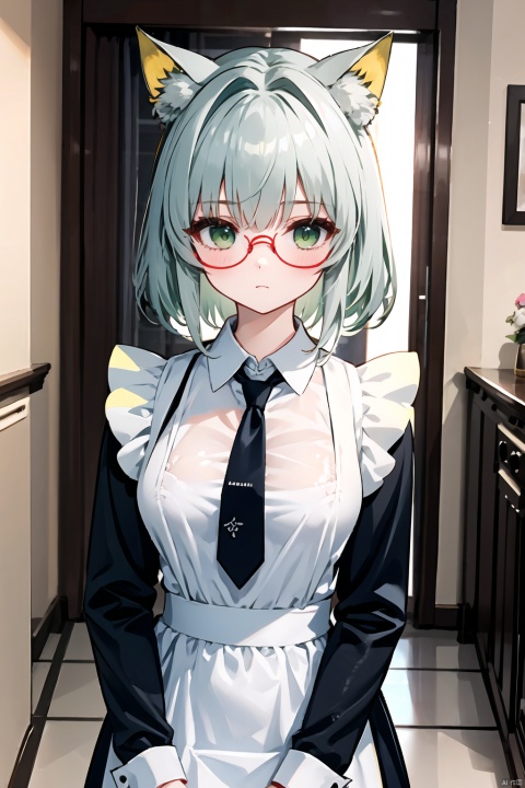  1girl,oyama_mahiro,loli, shirt, green eyes, ((poakl)), yebin, See through maid, necktie, eyeglasses, qipao, xiaofu