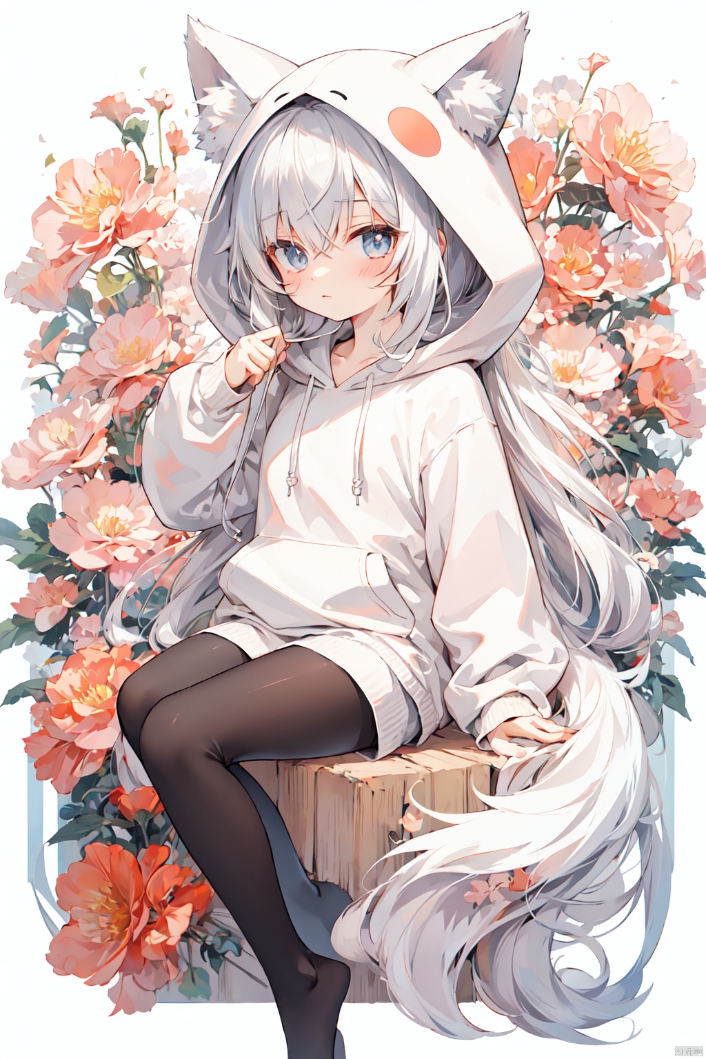  tail,animal_ears,hood,hoodie,1girl,hood_down,black_hoodie,long_hair,drawstring,thighhighs,bow,solo,dog_tail,animal_ear_fluff,very_long_hair,black_legwear,looking_at_viewer,long_sleeves,blush,silver_hair,loli,petite, white pantyhose, mtianmei