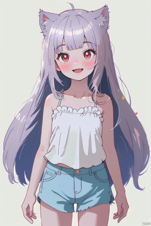  ultra-detailed,(best quality),((masterpiece)),(highres),original,extremely detailed 8K wallpaper,(an extremely delicate and beautiful), anime, \\, BREAK 1girl, long hair, white hair, virtual youtuber, open mouth, cat ears, fang, smile, blush, camisole, shorts, solo, bangs, very long hair, shirt, looking at viewer, :d, skin fang, ribbon, red eyes, simple background, ((young teenage girl)), ((petite)), dino, ears down, ((poakl)), Detail, shuixia, origen, shead, qzfuling, nayutaren, fl