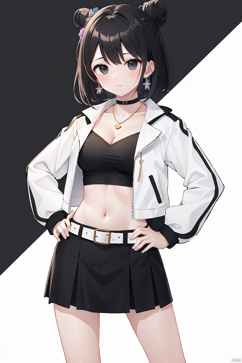  1girl, solo, black hair, white background, simple background, jewelry, black eyes, hand on hip, skirt, earrings, cropped jacket, choker, black skirt, short hair, looking at viewer, jacket, crop top, long sleeves, single hair bun, midriff, hair bun, floral print, white jacket, necklace, closed mouth, bangs, hair ornament, belt, breasts, collarbone, cowboy shot, mole, cleavage, open clothes, long skirt, black shirt, navel, ribbon