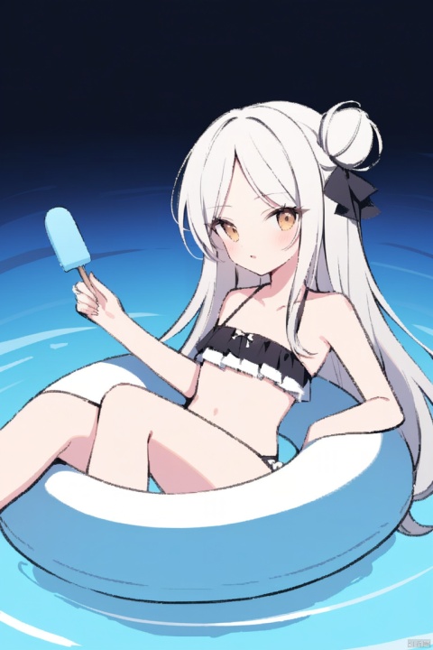  Masterpiece, best quality, high quality, (color), [artist Miwano Lager], [artist Chen Bin], nai3 style, [artist wlop], artist kinty, 1 girl, solo, hair bun, swimsuit, inner tube, bow, black bow, forehead, swimming circle, looking at the audience, long hair, water, navel, hair bow, foot, black bikini, open mouth, barefoot, bare shoulder, wave point, popsicle, powder blusher, sole, toe, chest, pleated bikini, clavicle, side lock, hem, small chest, thigh, wrist hairband, texas \(arknights\), Omertosa, ((poakl)), gotou hitori,pink tracksuit, yyy, high contrast