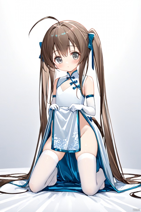  (masterpiece), (best quality), loli, 1girl, solo, thighhighs, long hair, elbow gloves, dress, gloves, twintails, chinese clothes,white clothes,White cheongsam, china dress, blush, kneeling, white thighhighs, clothes lift, white gloves, grey eyes, looking at viewer, very long hair, dress lift, bow, hair bow, ribbon, ahoge, amiya(arknights)