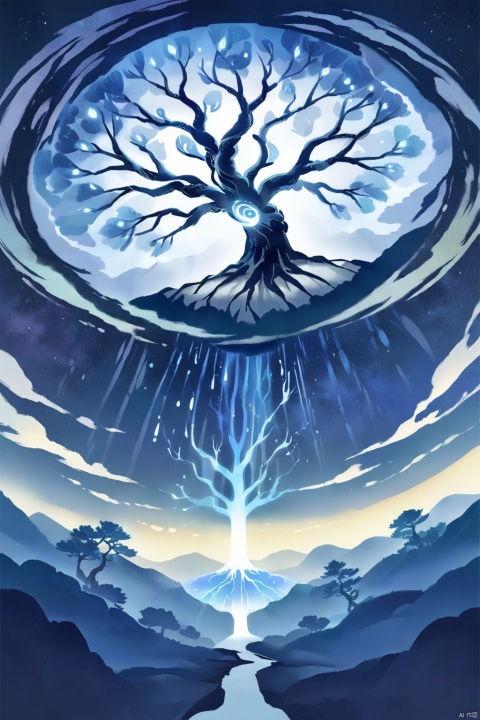 A majestic tree of life with glowing blue roots, branches reaching out to the stars and sky above it, shimmering white leaves. The background is a dark night with faint lights from distant worlds. A magical glow emanates from within the trunk, creating an aura that illuminates its surroundings. In the style of game concept art, with an anime style, vibrant colors, high contrast, sharp details, and detailed textures.