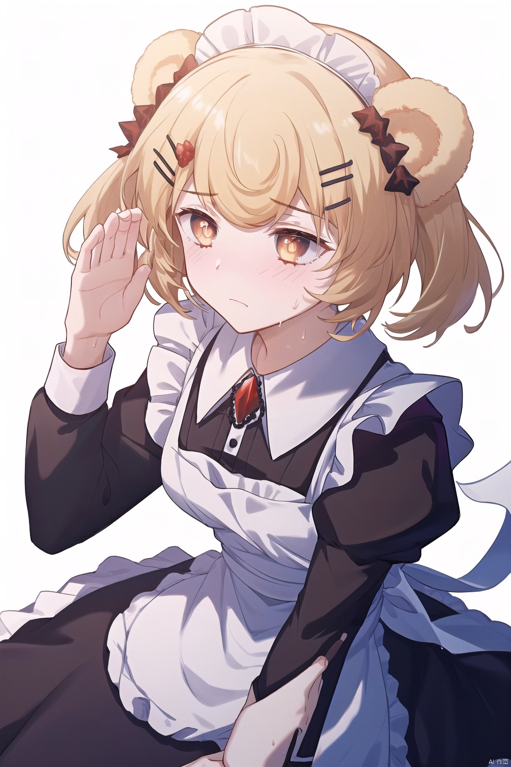 1 girl, gotoh hitori, @ _ @, black dress, cflustered, cube hair accessory, maid apron, raise hand, maid headwear, panic, beads of sweat, single, upper body, dynamic angle, white background, Kal'tsit, gummy_(arknights)