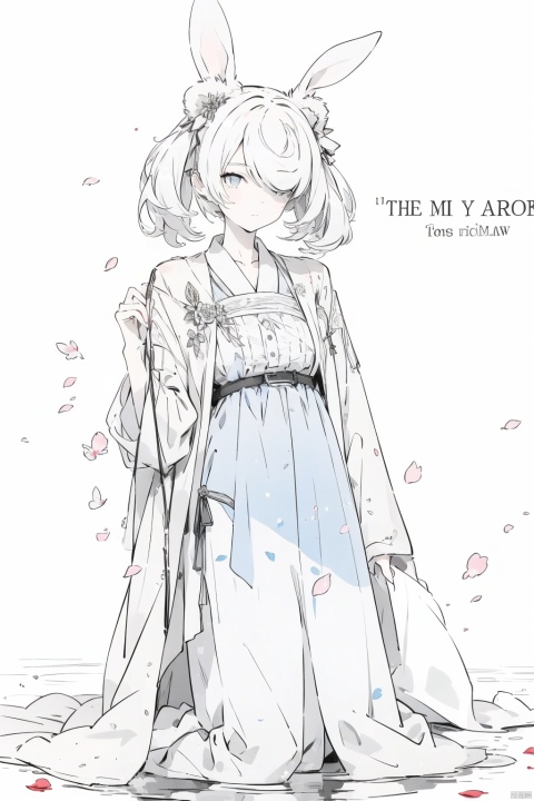  1girl, blue eyes, white long translucent night gown, expressionless, (white hair), hair cover one eye, long hair, blue hair flower, kneeling on lake, blood, (plenty of blue petals:1.35), (white background:1.5), (English text), greyscale, monochrome,greyscale,monochrome,sketch, rabbit ears, BJ_Violent_graffiti, wunv, The earth, gummy_(arknights), Pencil hand drawing, Furry Girl, dusk_(arknights)